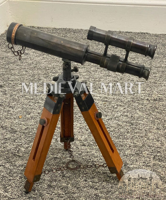 MEDIEVALMART Nautical Telescope 10 Inch Double Barrel Solid Brass Spyglass With Wooden Tripod