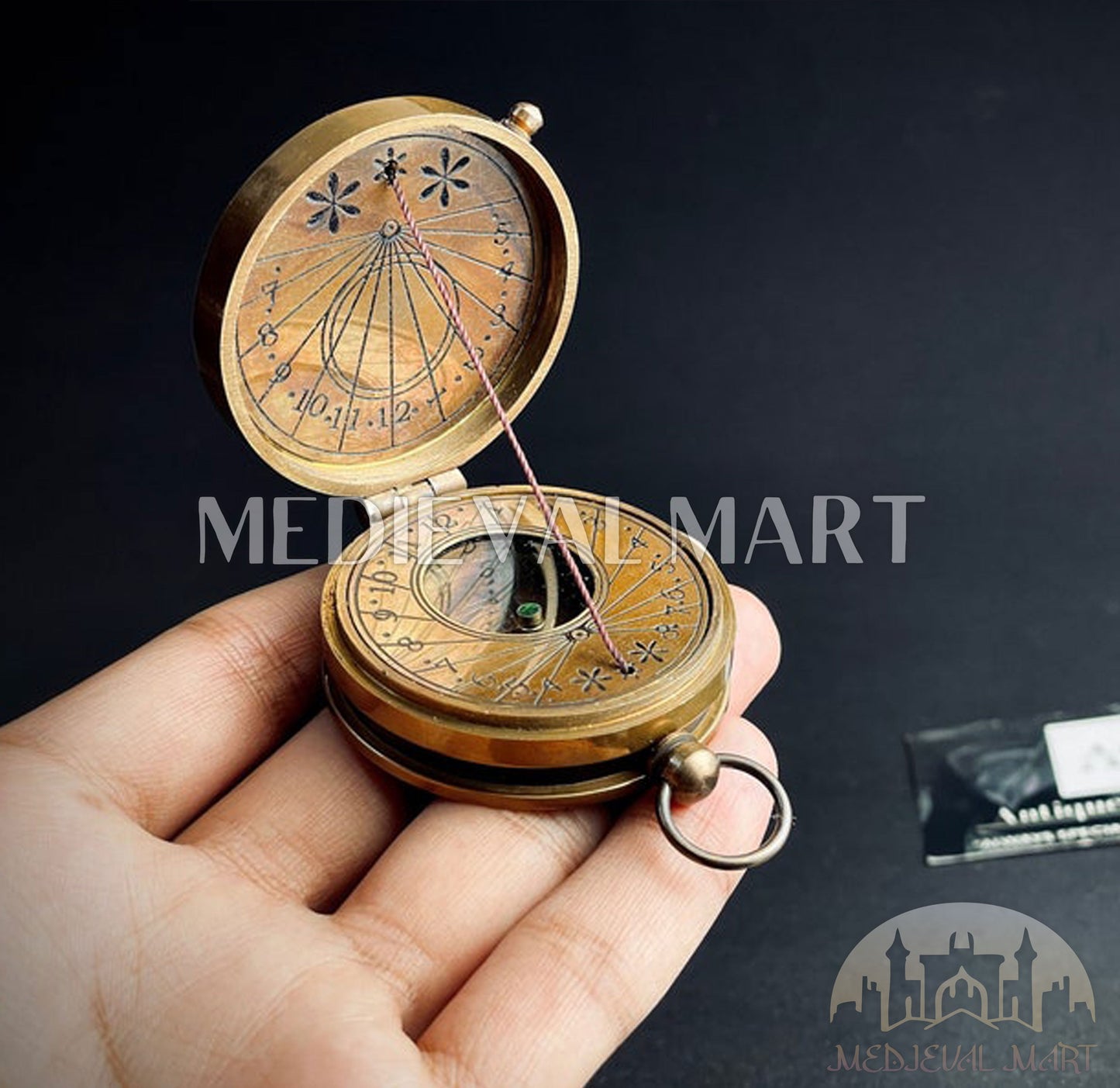 MEDIEVALMART Nautical Brass Engrave Sun Clock Texture Compass Gold Finish W/H Leather Case | Gift For Dad & Son