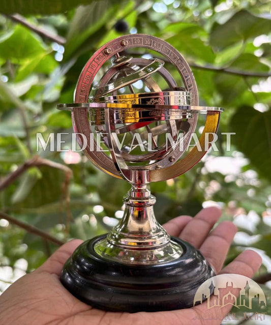 MEDIEVALMART Handmade Nickel Brass Celestial Globe: Zodiac Armillary Sphere on Wood Base Gift for Mom