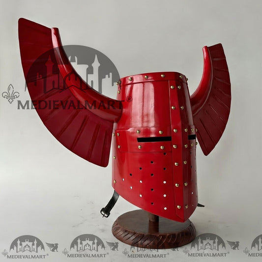 MEDIEVALMART Casque médiéval de guerrier templier teutonique rouge antique avec rivets dorés et support gratuit