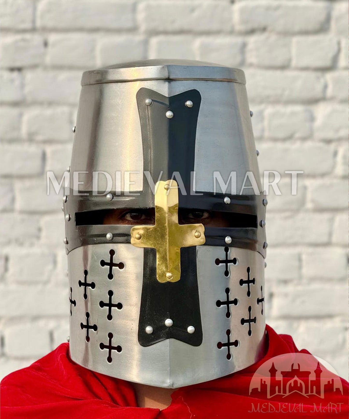MEDIEVALMART Medieval Great Templar Crusader Knight Helmet W/H Black & Brass Deco for LARP or Cosplay - Gift For Dad