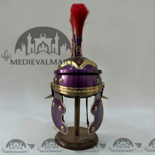 MEDIEVALMART Réplique de Casque de Centurion Romain Gauloise Finition Violette avec Plume Rouge et Support Gratuit
