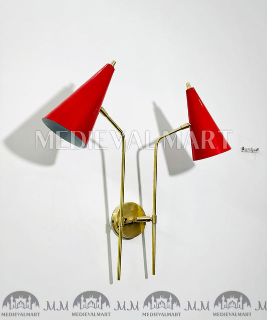 MEDIEVALMART 1900s Red Cone Brass Wall Sconce: Mid Century Italian Diabolo Light