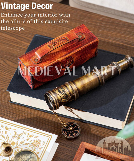 MEDIEVALMART Vintage Brass Telescope: 15x Collapsible Spyglass with Leather Case Gift For Dad