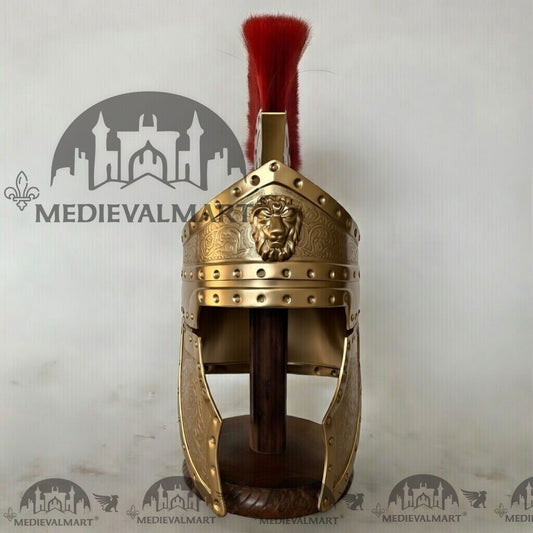 MEDIEVALMART Casque de centurion romain médiéval finition or avec panache rouge ou support en bois gratuit