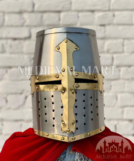 MEDIEVALMART Medieval Sivler Knight Templar Crusader Helmet W/H Brass Deco for LARP or Cosplay - Gift For Dad
