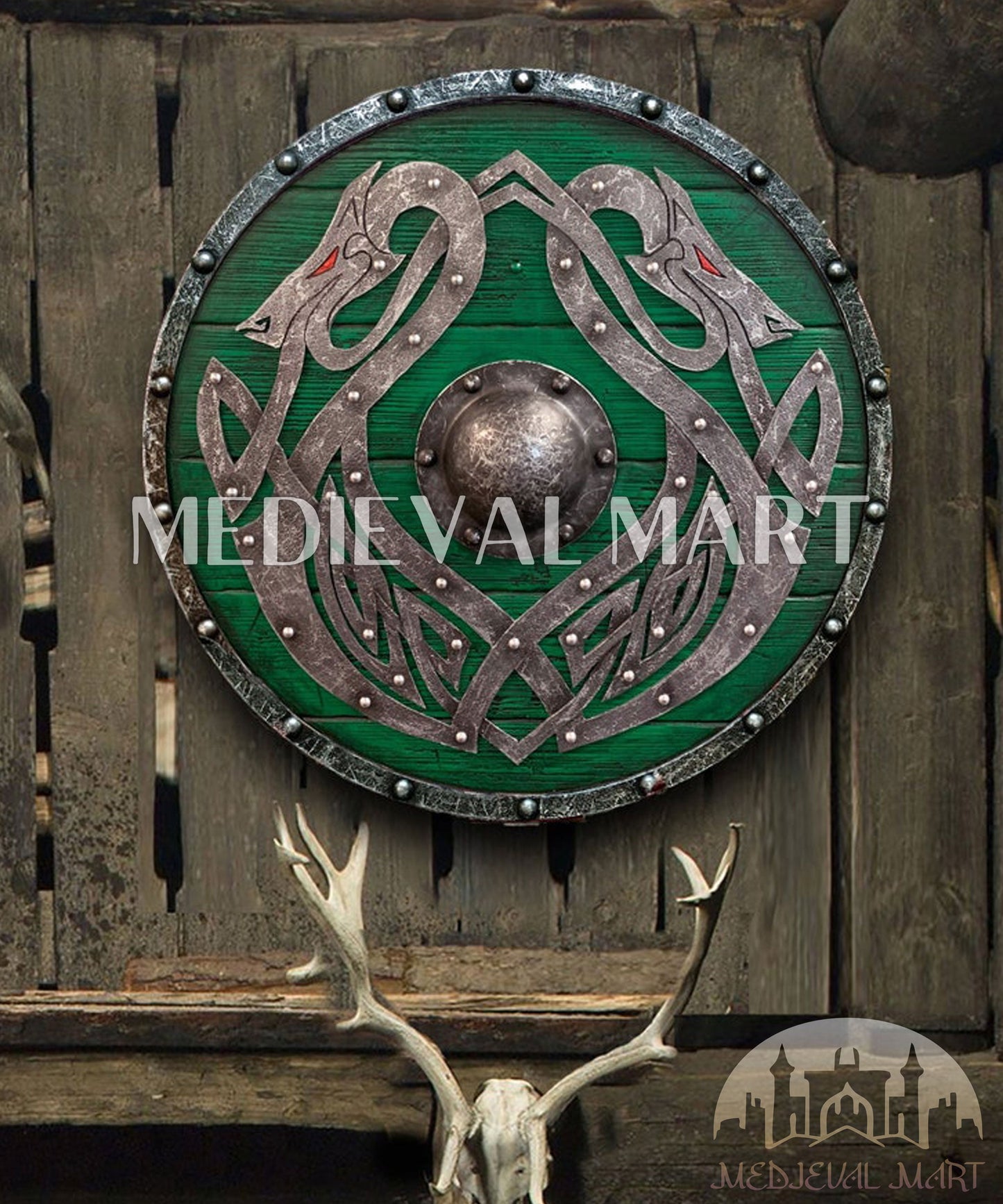 MEDIEVALMART Valhalla GREEN Sea Dragon Jörmungandr Authentic Battleworn Viking Wooden Shield | Gifts For Dad