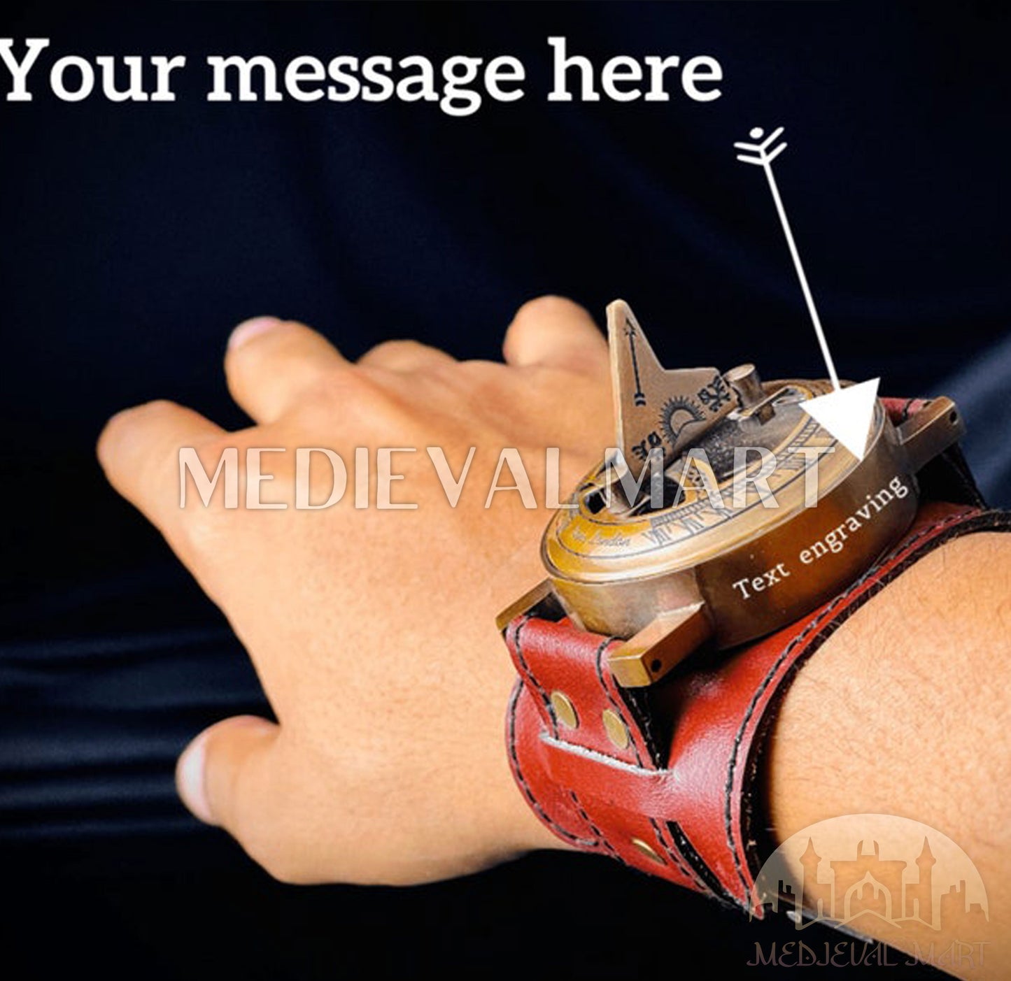 MEDIEVALMART Nautical Custom Engraved Sun Clock Compass Hand Watch Gold Finish W/H Leather Strap | Gift For Him