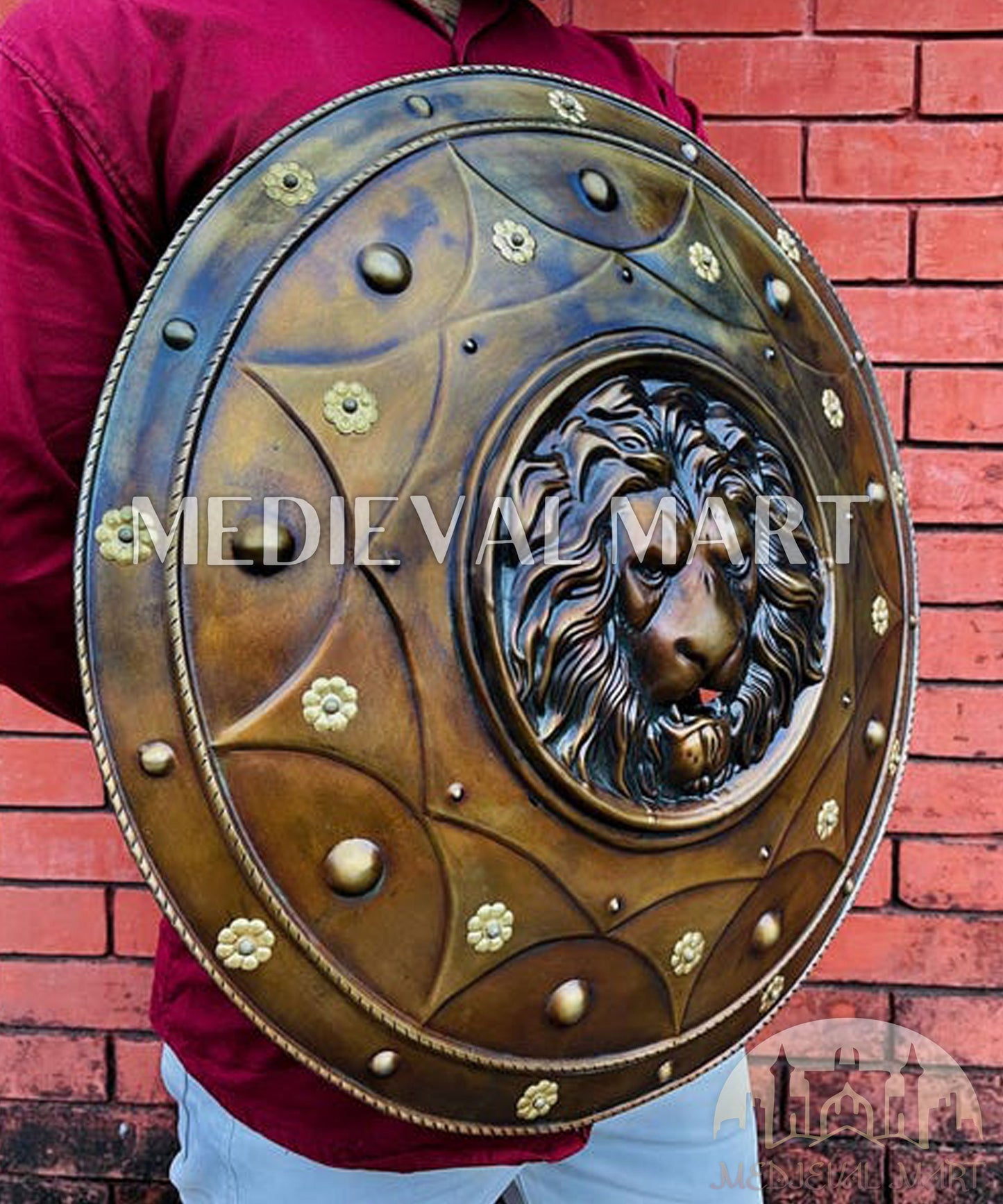 MEDIEVALMART Medieval Lion Face Spartan Shield Antique Finish | Gift For Dad