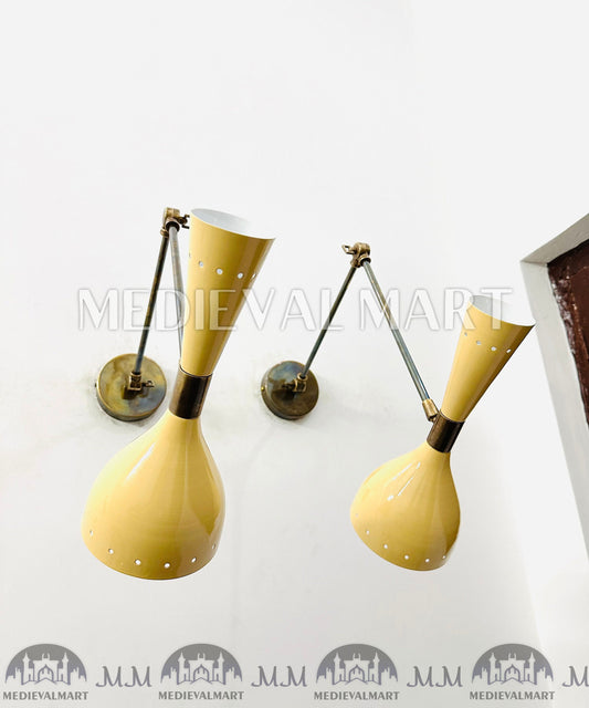 MEDIEVALMART Mid Century Brass Wall Sconce Lamp Italian Stilnovo Lighting Pair Fixtures