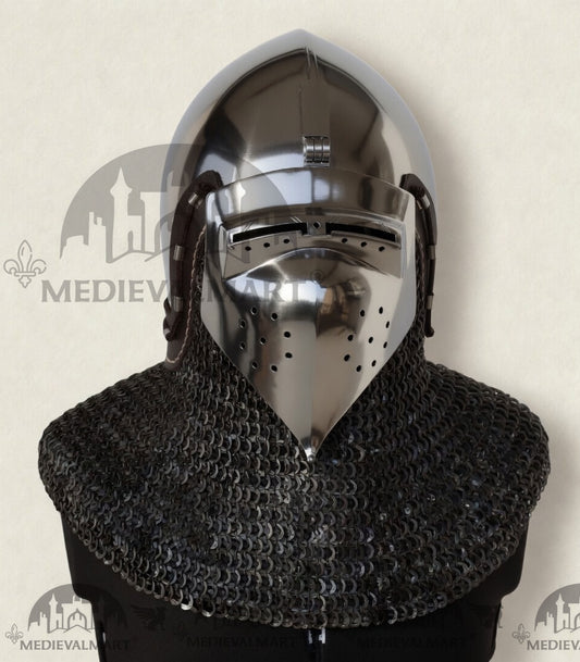 MEDIEVALMART XIVe siècle Médiéval « Le Chevalier Égaré » Casque à bassinet à ventail avec cotte de mailles
