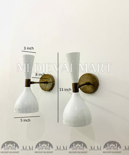 MEDIEVALMART Italian White Wall Sconce Light Pair Fixtures Mid Century Stilnovo Lamps