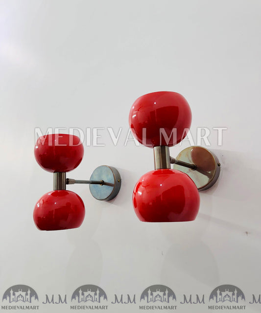 MEDIEVALMART Pair of Red Diabolo Wall Sconces: Mid-Century Italian Brass Fixture