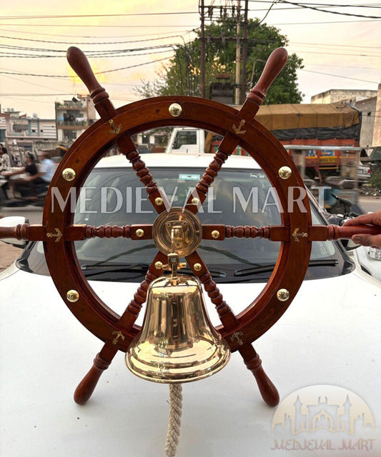 MEDIEVALMART Nautical Wooden "Brown" Ship Wheel With Brass Bell for Wall Decor