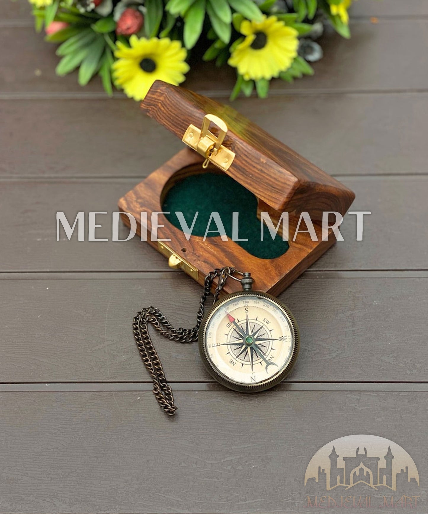MEDIEVALMART Personalized Antique Finish Locket Compass W/H GEN-2 Custom Wooden Case | Gifts For Her or Mom