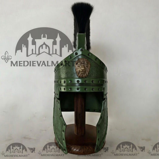 MEDIEVALMART Casque de centurion romain médiéval finition vert jade avec panache noir ou support en bois gratuit