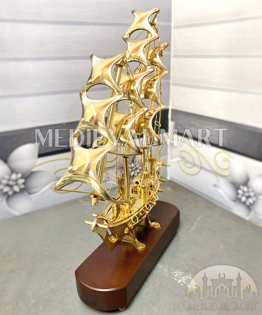 MEDIEVALMART Nautical Shiny Brass Decorative Ship W/H Wooden Base | Showpiece Royal Navy 3 Mast Model Perfect, Christmas Gifts