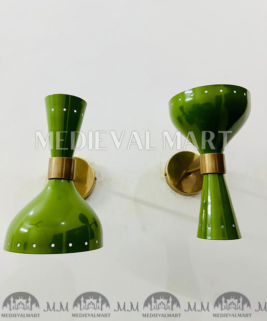 MEDIEVALMART 1950s Brass Mid Century Italian Diabolo Green Wall Scones Light