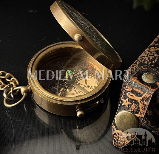MEDIEVALMART Nautical Brass Engraved Adventure Vintage Compass Gold Finish W/H Gen-3 Leather Case | Gift For Dad