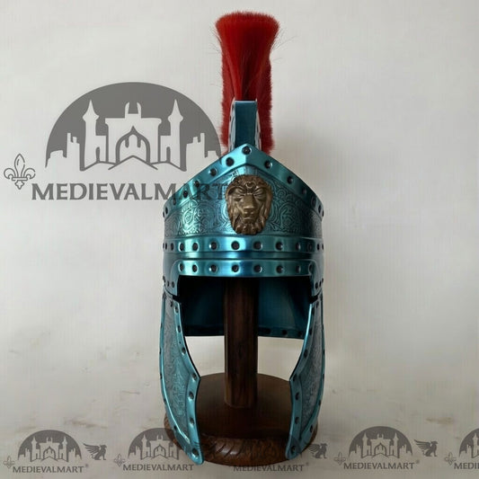 MEDIEVALMART Casque de centurion romain médiéval finition bleu aqua avec panache rouge ou support en bois gratuit