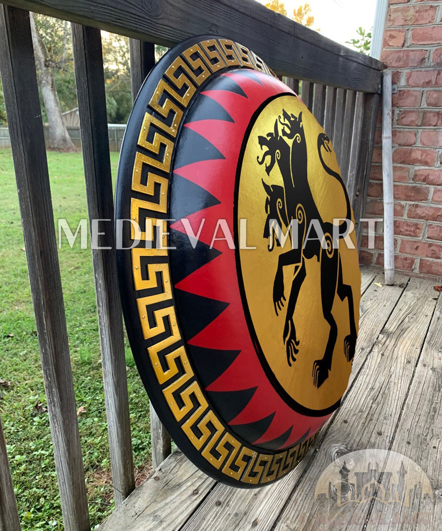 MEDIEVALMART Iconic Cerberus (Hound of Hades) Ancient Greek Hoplite Battleworn Metal/Brass Shield | Gifts For Dad