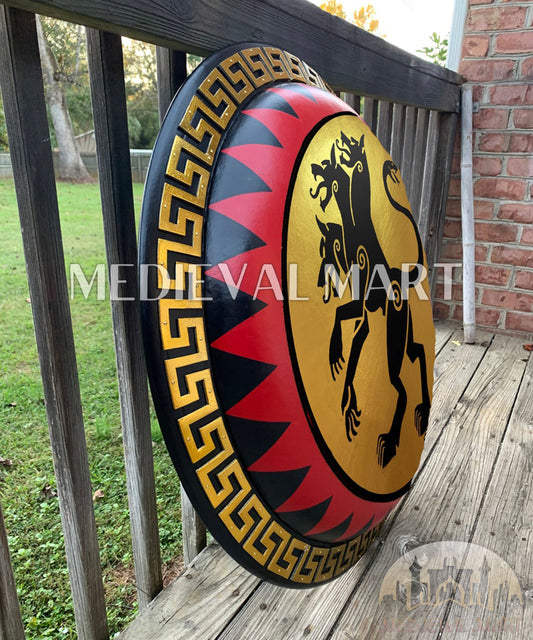 MEDIEVALMART Iconic Cerberus (Hound of Hades) Ancient Greek Hoplite Battleworn Metal/Brass Shield | Gifts For Dad