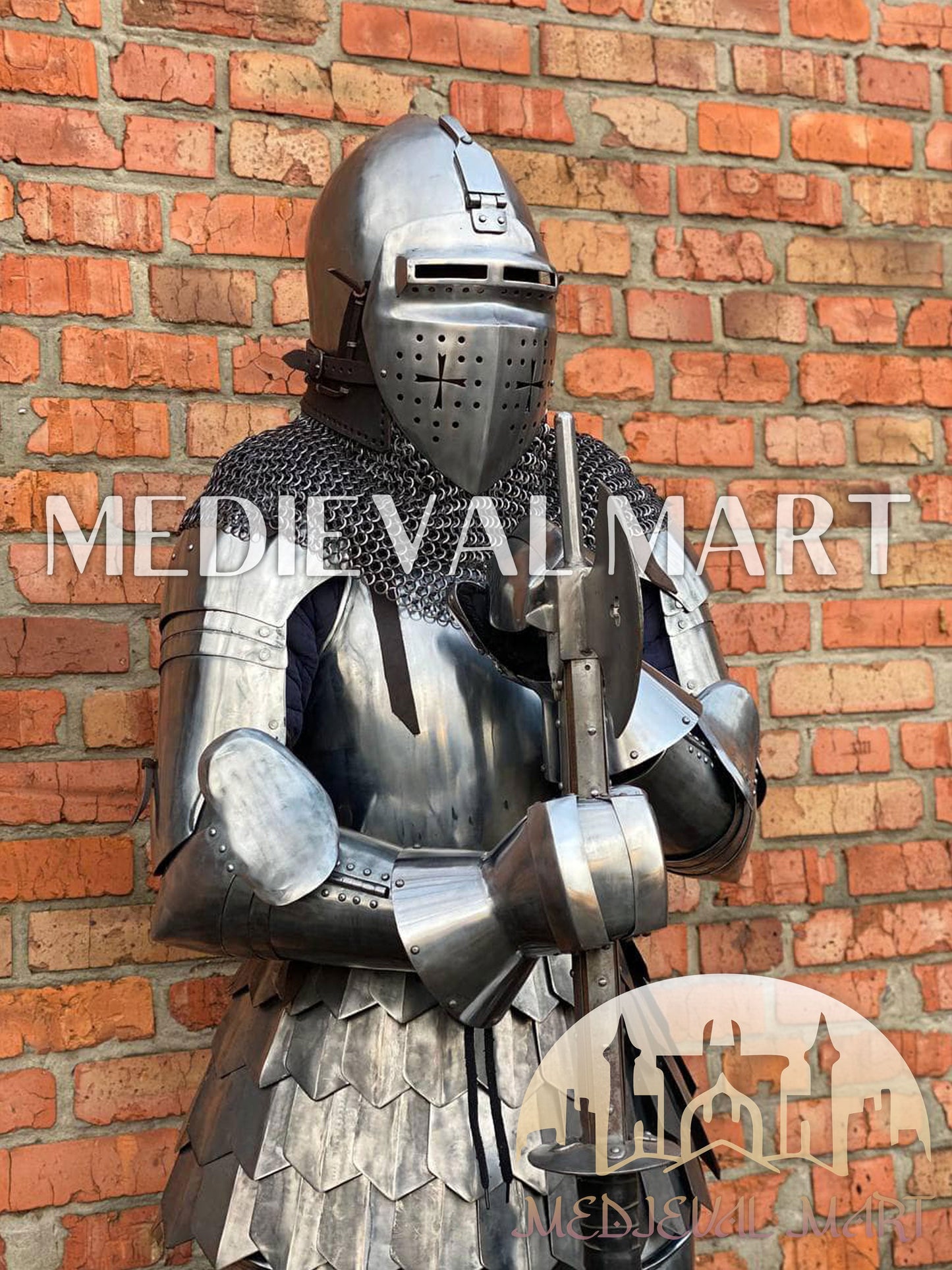 MEDIEVALMART 14th Century Knight Crusader-Era Transitional Plate Hybrid Armor W/H Wolf Ribs Bacinet & Pole Arms Hammer