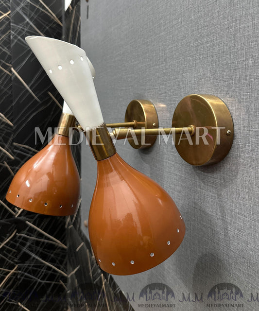 MEDIEVALMART Handmade Modern Chocolate & White Brass Double Cone Wall Sconce Light