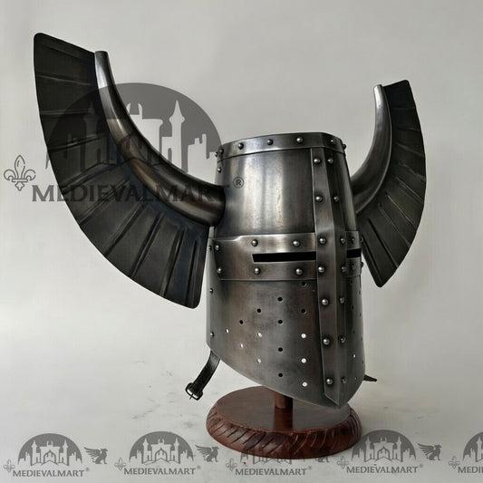 MEDIEVALMART Casque médiéval de guerrier templier teutonique finition argent antique avec support gratuit