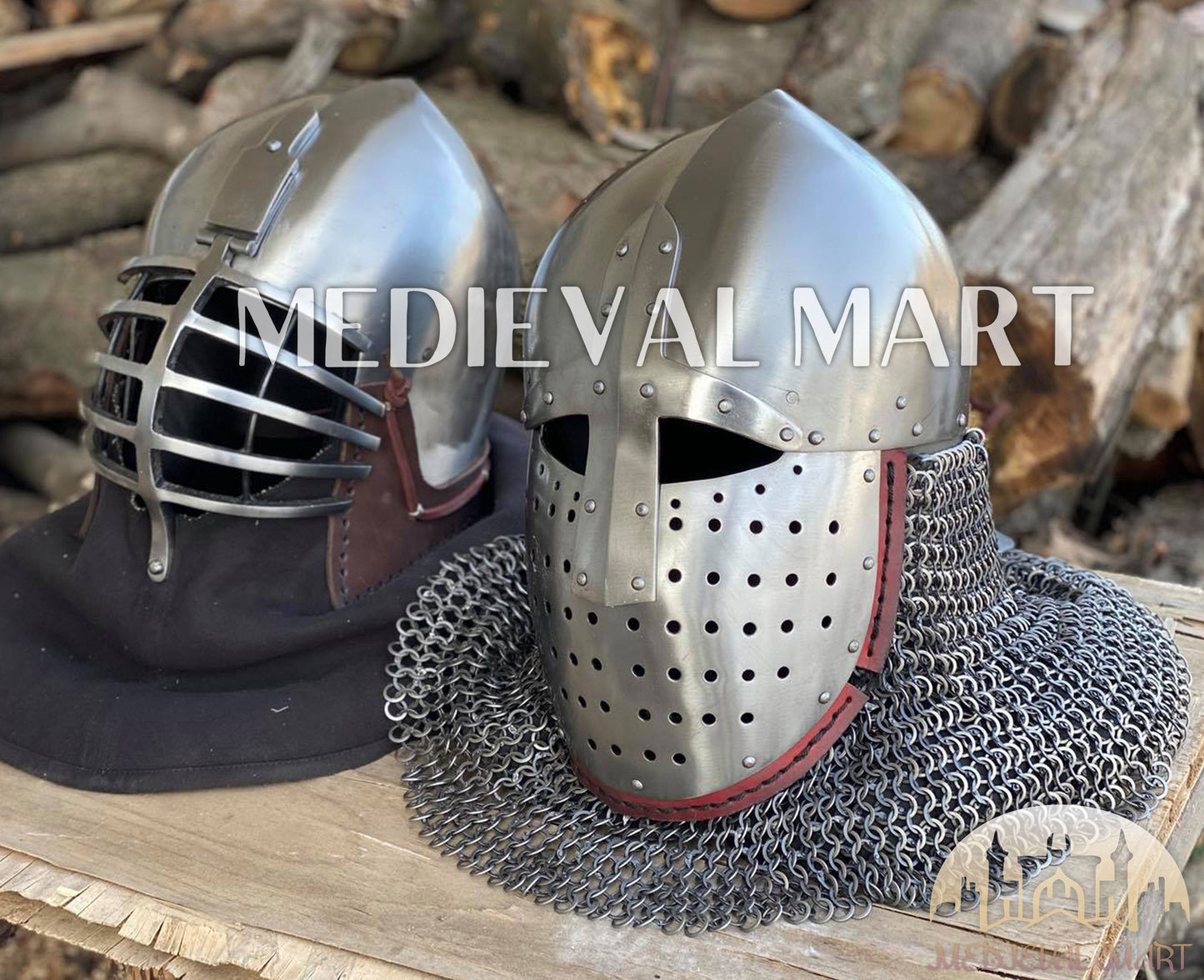 MEDIEVALMART 14th-Century Limited Collection "Wolf Ribs" & "Norman" Bacinet Helmet