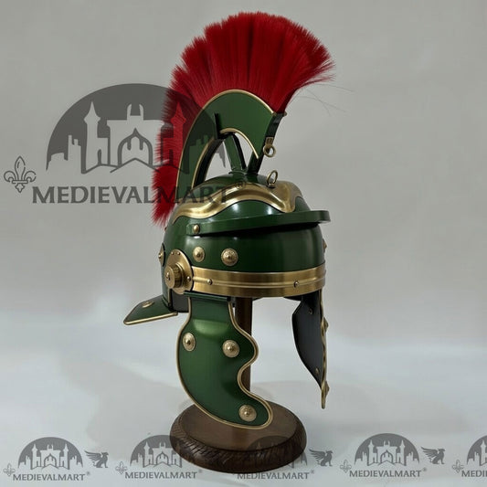 MEDIEVALMART Réplique de Casque de Centurion Romain Gaulois Finition Vert Jade Panache Rouge avec Support Offert