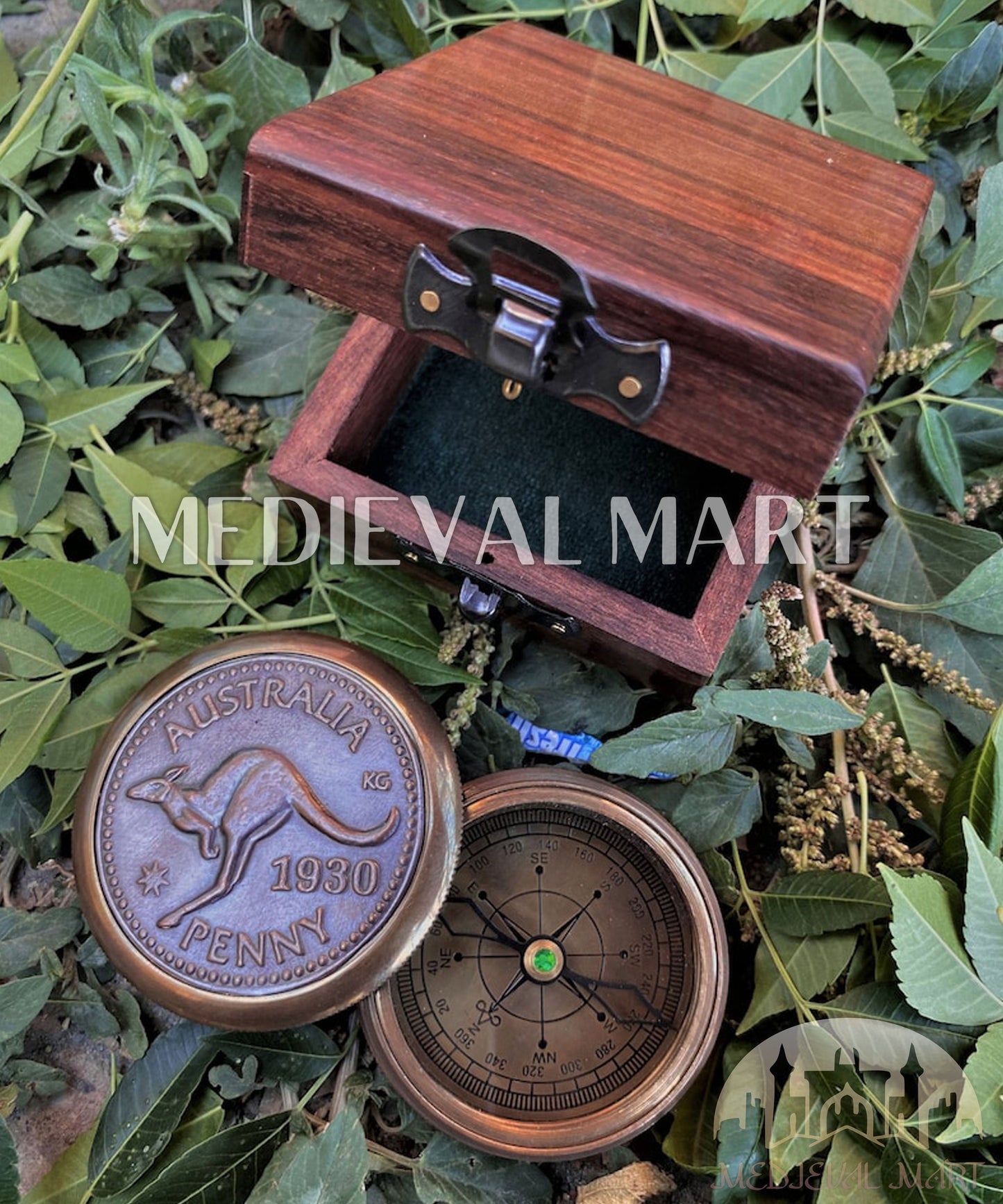 MEDIEVALMART Australian 1930 Antique Finish bandicoot Compass W/H Custom Wooden Case | Gifts For Mom & Dad