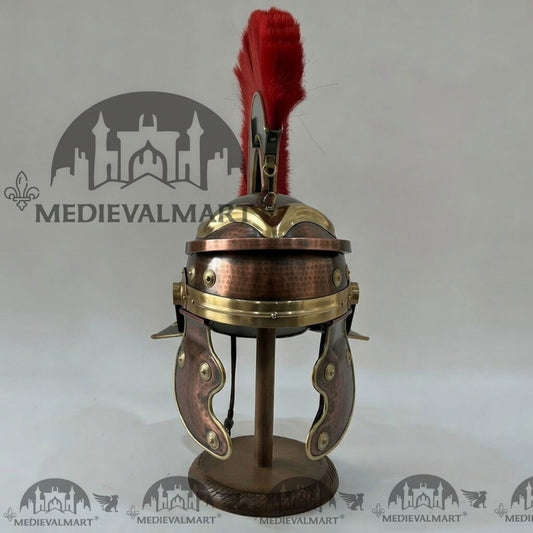 MEDIEVALMART Casque de Centurion Romain Gaullois Réplique Finition Cuivre Antique Plume Rouge avec Support Offert