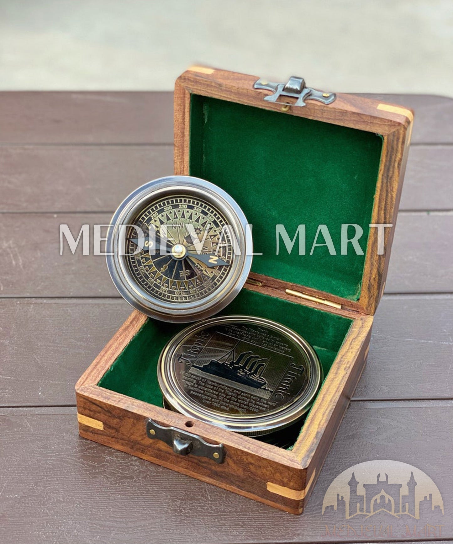 MEDIEVALMART Personal Engrave Titanic Pirates Compass Antique Finish W/H GEN-1 Wooden Case | Gift for Dad