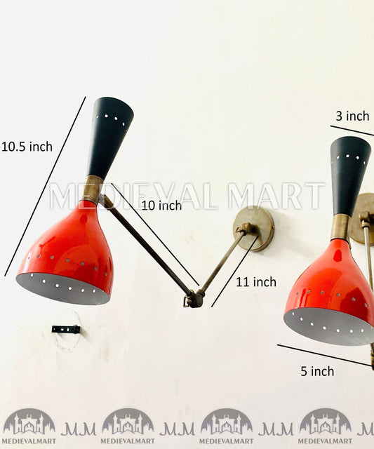 MEDIEVALMART Mid Century Italian Brass Wall Sconce Pair: Red & Black Stilnovo Light
