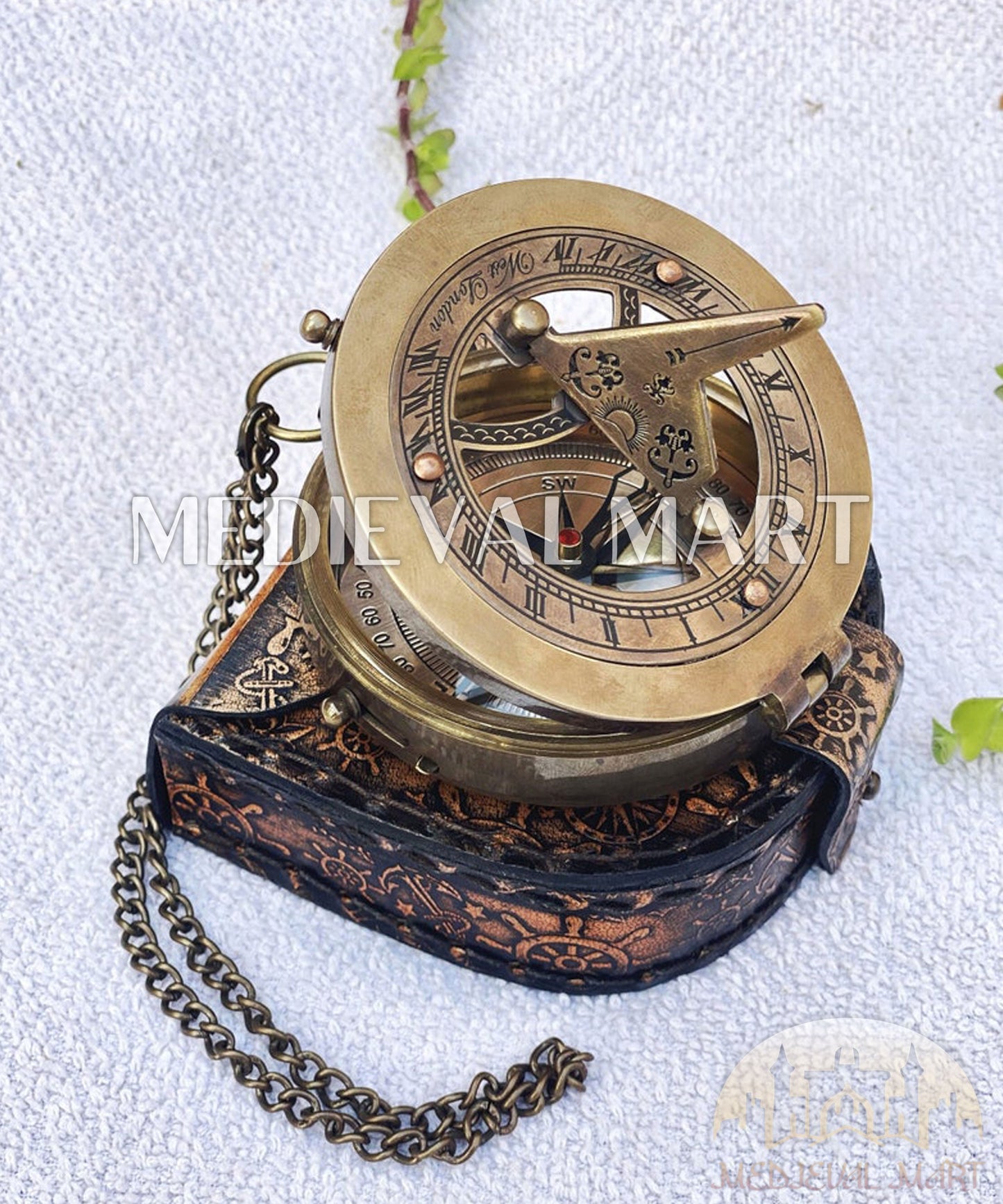 MEDIEVALMART Nautical Custom Engrave Sundial Clock Style Compass Gold Finish W/H Leather Case | Gift For Compass