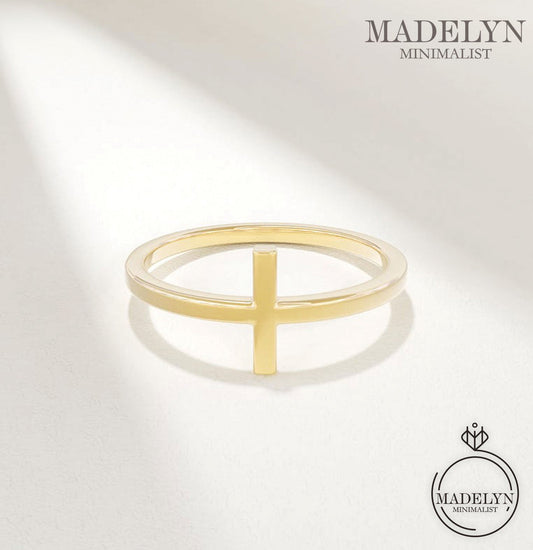 MADELYN MINIMALIST 14k Solid Gold Small Plain Cross Christian Ring, Minimalist Simple Faith Religious Ring | Gift For Mom