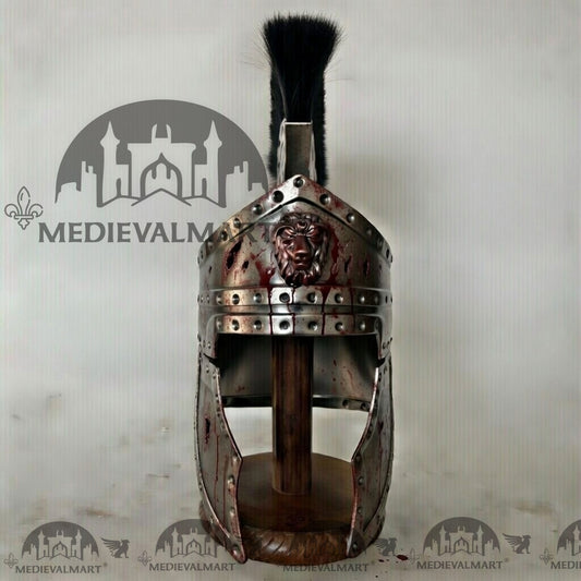 MEDIEVALMART Casque de centurion romain médiéval argenté, aspect endommagé au combat avec finition sang et panache noir ou support en bois offert