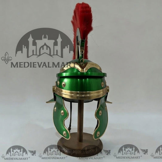 MEDIEVALMART Réplique de casque de centurion romain gaulois finition verte panache rouge avec support gratuit