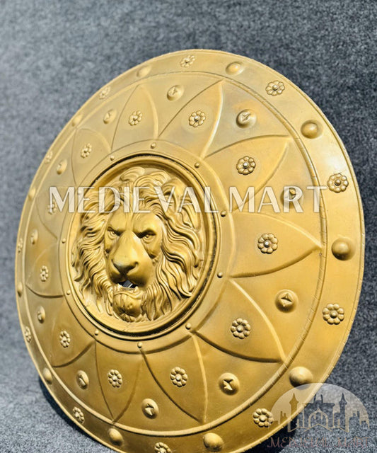 MEDIEVALMART Medieval Lion Face Sparta Shield Full Gold Finish | Gift for Halloween Day