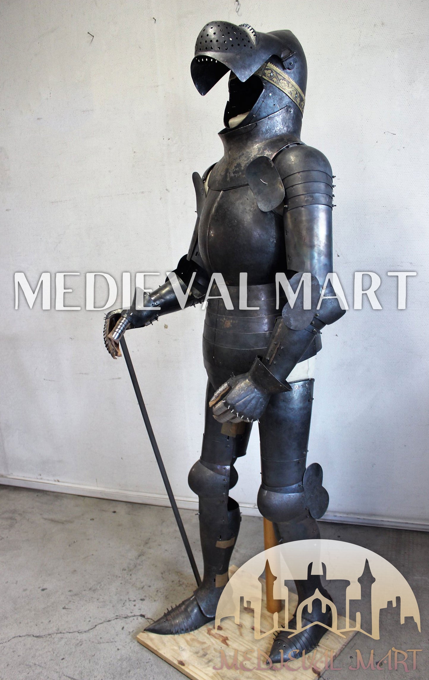MEDIEVALMART German Medieval Full Body Black Armor Costume W/H “Eisenkopf” Bacinet Helmet
