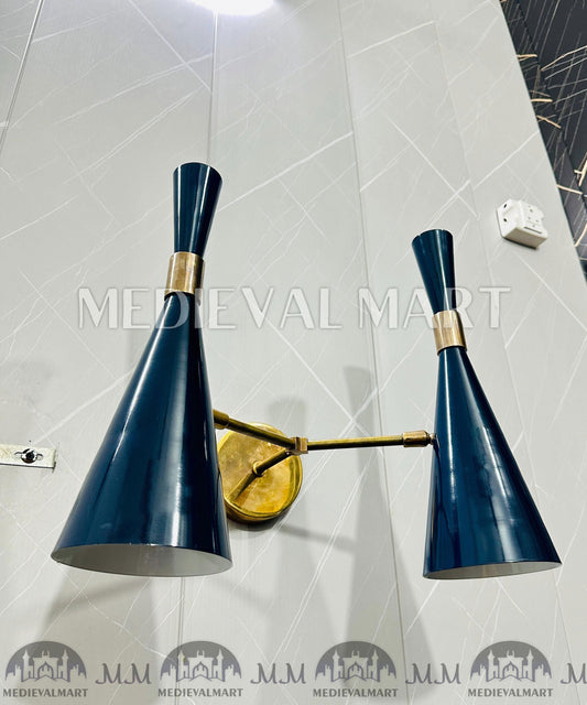 MEDIEVALMART Customized Handcrafted Mid-Century Brass Wall Sconce - Double Arm Shade Light Fixttue.