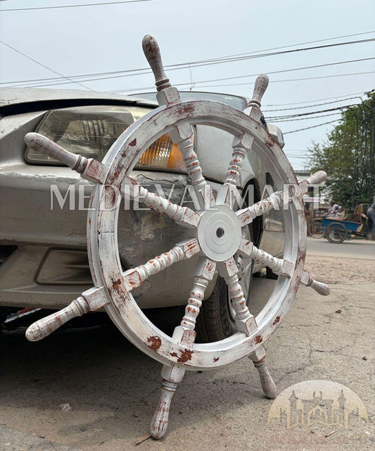 MEDIEVALMART Nautical Wooden "White Damaged" Ship Wheel for Wall Decor