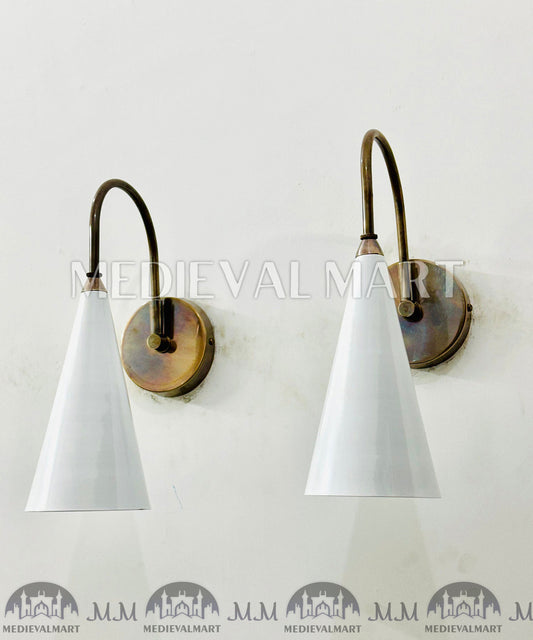 MEDIEVALMART Brass Wall Sconce: Mid Century White Cone Lamp, Adjustable Diabolo Light