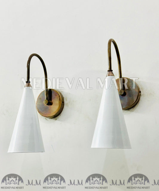 MEDIEVALMART Brass Wall Sconce: Mid Century White Cone Lamp, Adjustable Diabolo Light