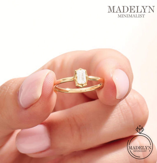 MADELYN MINIMALIST 14k Solid Gold Baguette Dainty Solitaire Engagement Ring for Women | Gift For Her Birthday