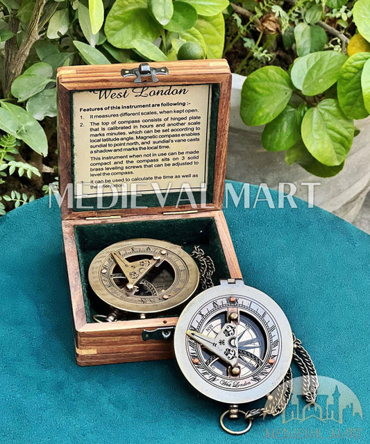 MEDIEVALMART Personalized Nautical Sun Clock Adventure Compass Gold Finish W/H Gen-1 Wooden Case | Gift For Mom