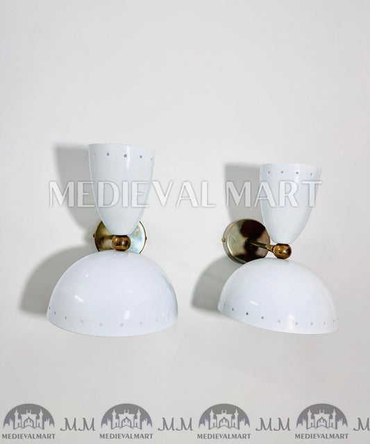 MEDIEVALMART Raw Brass Italian Mid Century Wall Sconces, White Bowl Lighting Pair