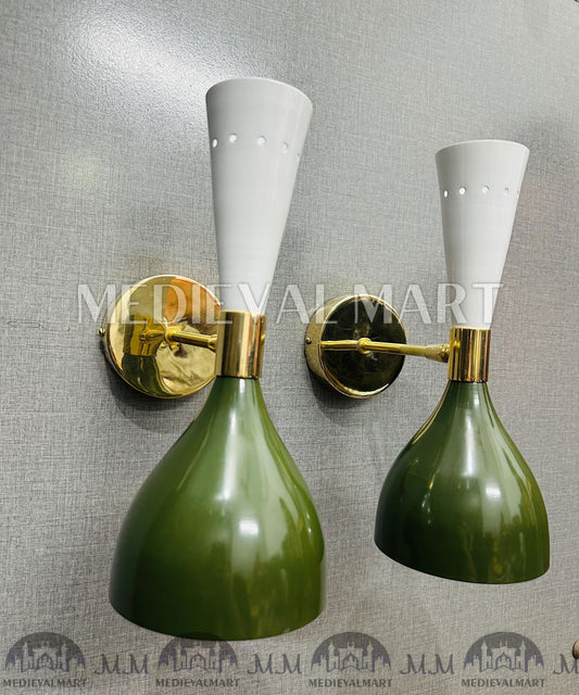 MEDIEVALMART Handmade Brass Double Cone Sconces Olive Green & White Vanity Lights