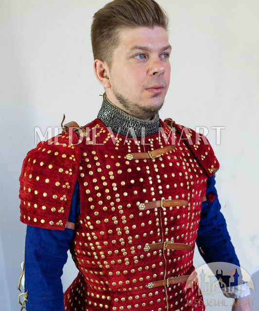 MEDIEVALMART Historical Spanish Renaissance PREMIUM Red Brigandine Jacket Armor W/H Brigandine Spaulders Best for Unisex For Halloween Day
